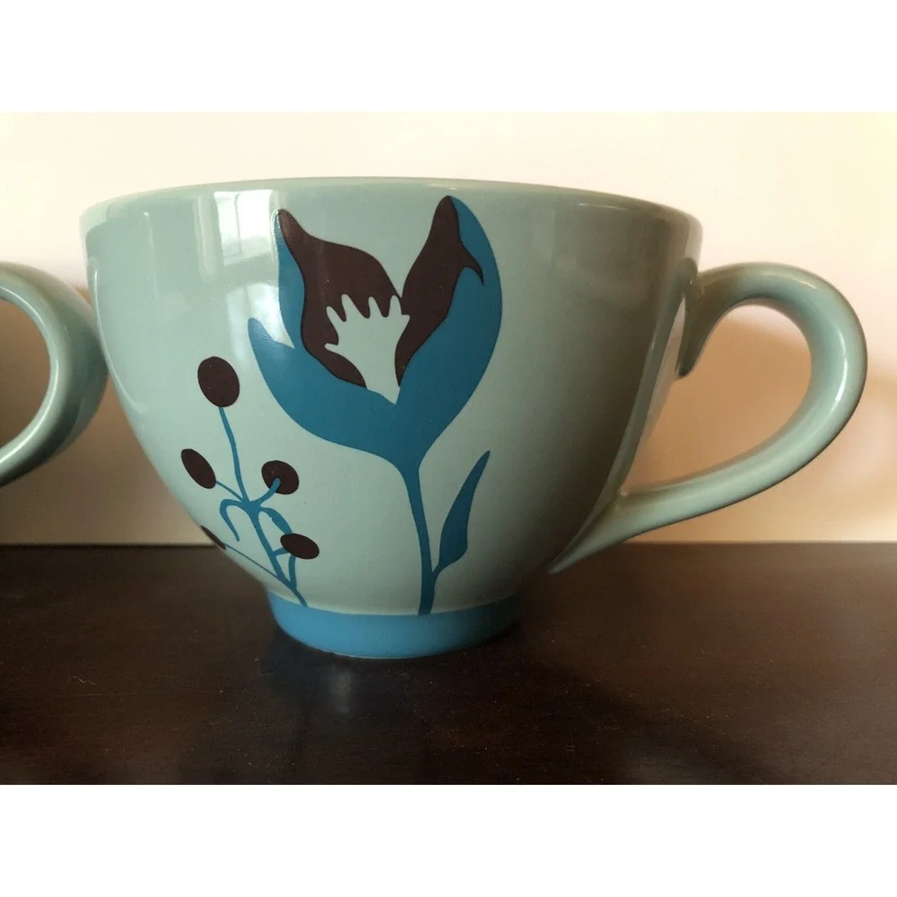 Starbucks Coffee Mug‎ Tea Cup Teal Blue Green Floral Flower Modern 2006 Set of 2